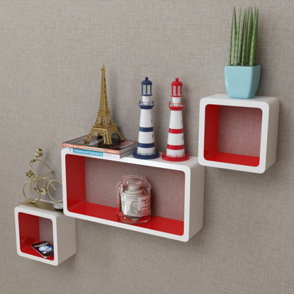 Picture of Living Room Floating Wall Display Cubes Shelves - 3 pcs White with Red