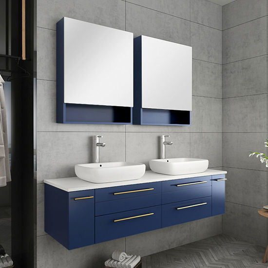 Picture of Lucera 60" Royal Blue Wall Hung Double Vessel Sink Modern Bathroom Vanity w/ Medicine Cabinets
