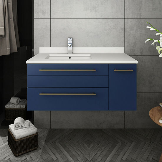 Picture of Lucera 36" Royal Blue Wall Hung Modern Bathroom Cabinet w/ Top & Undermount Sink - Left Version