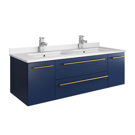 Picture of Lucera 48" Royal Blue Wall Hung Modern Bathroom Cabinet w/ Top & Double Undermount Sinks