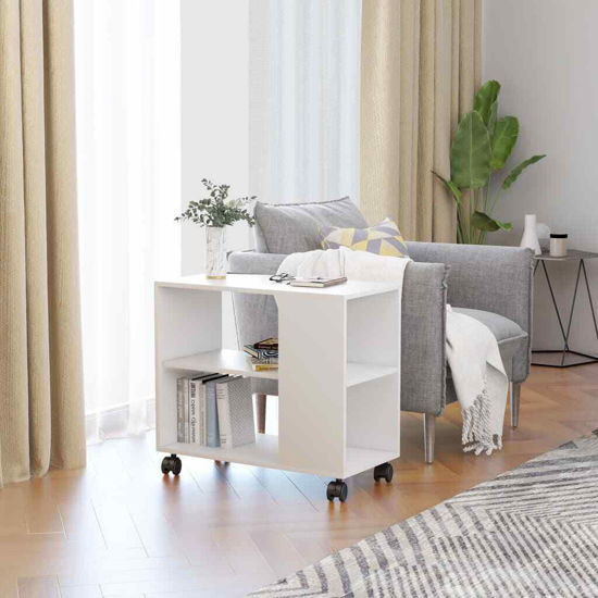Picture of Wooden Side Table with Shelves on Wheels 28" - White